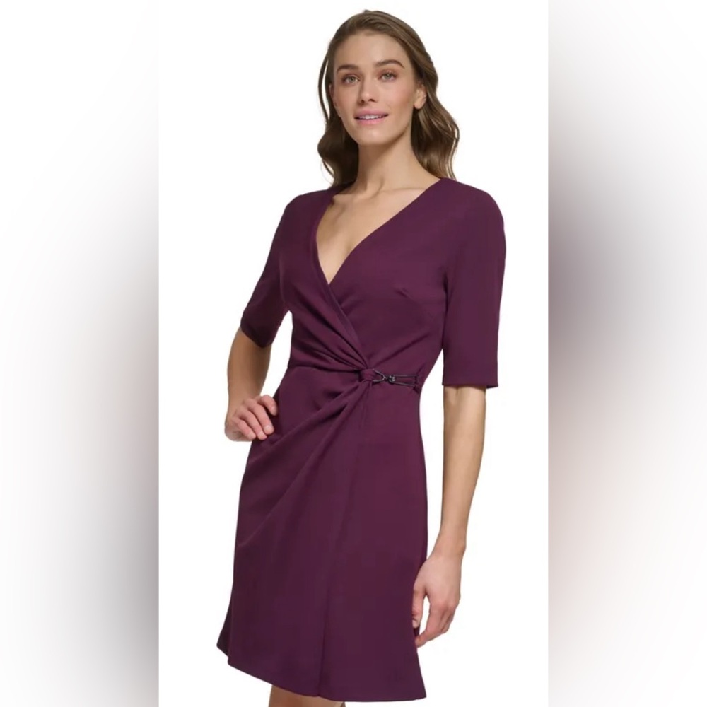 DKNY Faux Wrap Sheath Dress V Neck Quarter Sleeves Business Casual Size 4